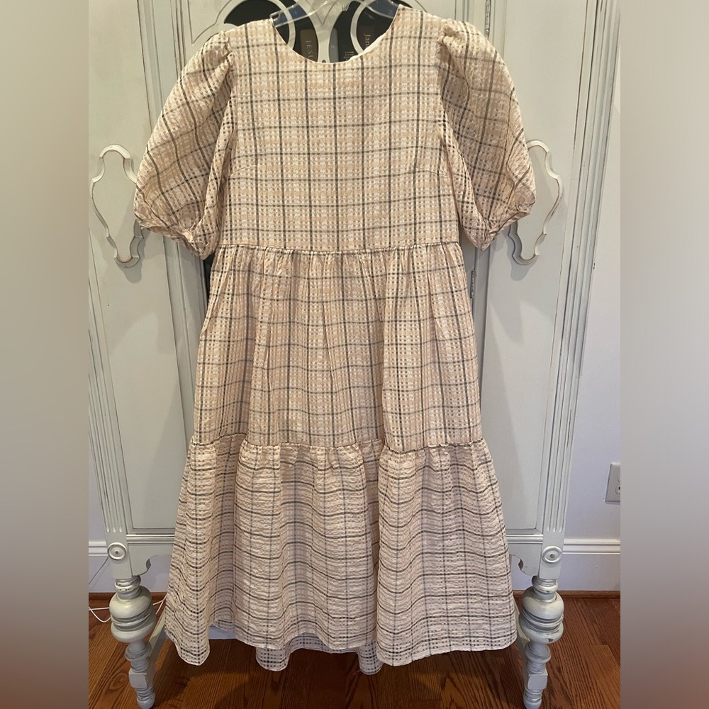 English Factory Size S Cream Plaid Midi Dress Back Bow